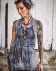 Limited Edition Wingtip Tunic Crossfox halter tunic in slate blue with brass teardrop accents on drawstrings