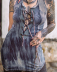Limited Edition Wingtip Tunic Crossfox halter tunic in heather gray with plunging lace-up detail