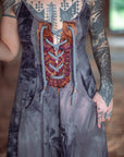 Limited Edition Maiden Dress by Crossfox, gray A line snap front summer dress with sequined lace up bodice