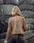 Distressed unbranded hoodie in tan cotton with a lined hood and kangaroo pocket.