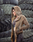 Unbranded tan hooded jacket with drawstring hood and front zipper, rugged suede-like texture
