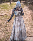 Embroidered Unbranded hooded maxi dress in grey cotton with navy folk yoke and hood back detail