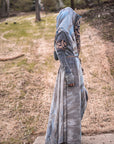 Boho maxi dress in heather gray cotton with navy-and-rust embroidered sleeve panel and cuffs