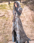 Unbranded grey hooded maxi dress with geometric patterned trim and belt detail — outdoor styling