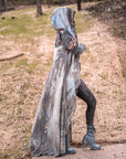 Grey hooded maxi dress in washed cotton with black woven trim and patterned hood panel