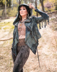 Boho hooded fringe jacket in dark green leather with long sleeve tassels and red zipper trim
