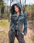 Fringed hooded jacket unbranded blue denim with zipper front and hood lining in outdoor forest light