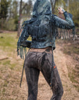 Indigo Unbranded denim jacket in dark wash denim with long fringe hem and sleeves outdoors
