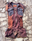 Limited Edition Safari Romper by Crossfox, hooded romper with ring pull zip, maroon and gray pockets