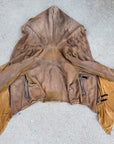 Tan hooded zip jacket in tan fabric with contrast lining and adjustable drawstring hood.
