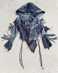 Fringed hooded jacket in slate blue suede with zip front and drawcord hem detail