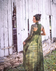 Limited Edition Summer Niles Dress Crossfox racerback hi-low hemline in olive green with modal jersey knit texture