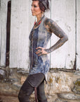 Limited Edition Wingtip Tunic by Crossfox, halter tunic in blue jersey hemp blend with brass teardrop accents
