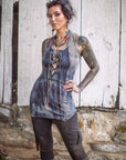 Limited Edition Wingtip Tunic by Crossfox halter tunic in blue jersey hemp blend with lace-up detail