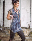 Limited Edition Wingtip Tunic Crossfox halter tunic in blue jersey hemp blend with brass teardrop drawstring accents