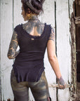 Limited Edition Hacci Tank Crossfox black ribbed modal tank top with side cutouts and cap sleeves