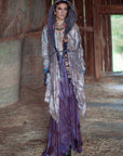OOAK Bast Robe by Crossfox hooded robe with pockets and built-in sash closure in dark charcoal and purple