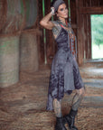 Limited Edition Maiden Dress Crossfox purple satin-like A-line snap-front summer dress with princess seaming