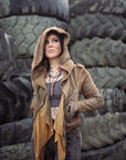 Weathered unbranded hooded jacket in tan suede with zip front and adjustable hood drawstrings