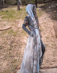 Boho hooded cloak dress in light gray with navy and tan geometric trim for outdoor wear