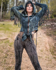 Rugged hooded denim jacket in deep blue with fringed sleeves and front zip detail