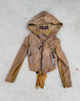 Warm brown hooded zip jacket with drawstring, two front zip pockets, laid flat on concrete.